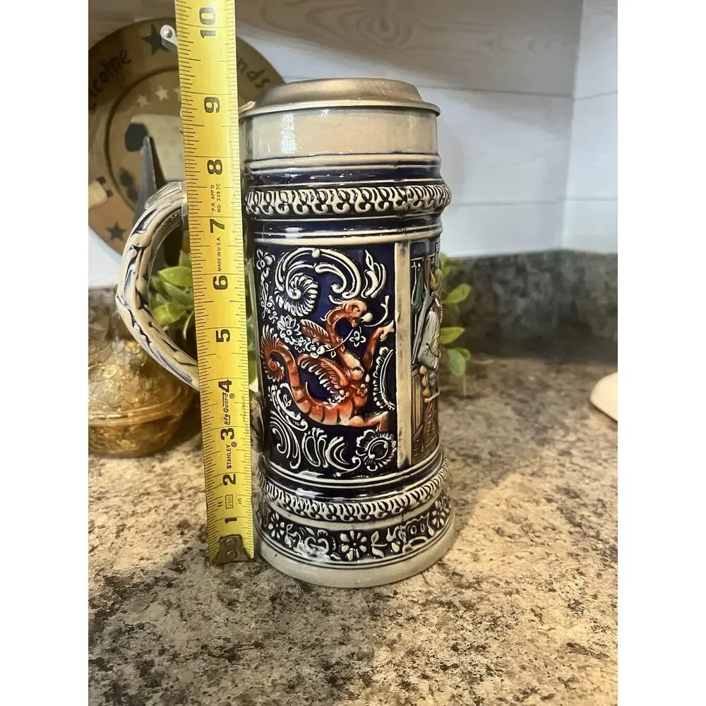 Vintage 9” Gertz German Beer Stein Mug Pewter Lid A Friendly Chat Tavern Scene